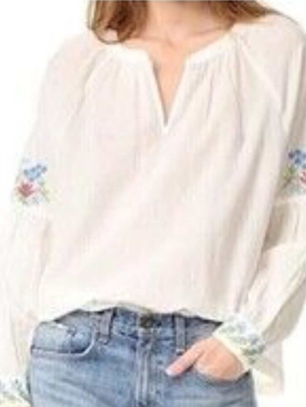 THE GREAT. White Embroidered V-Neck Peasant Blouse Size 3 Large